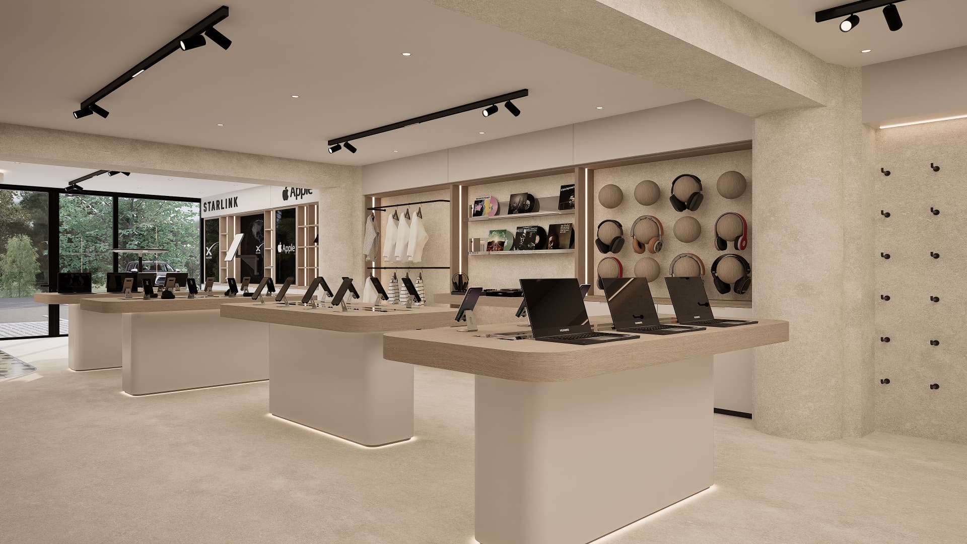 Spark store interior with device tables, headphone wall and Apple and Starlink displays