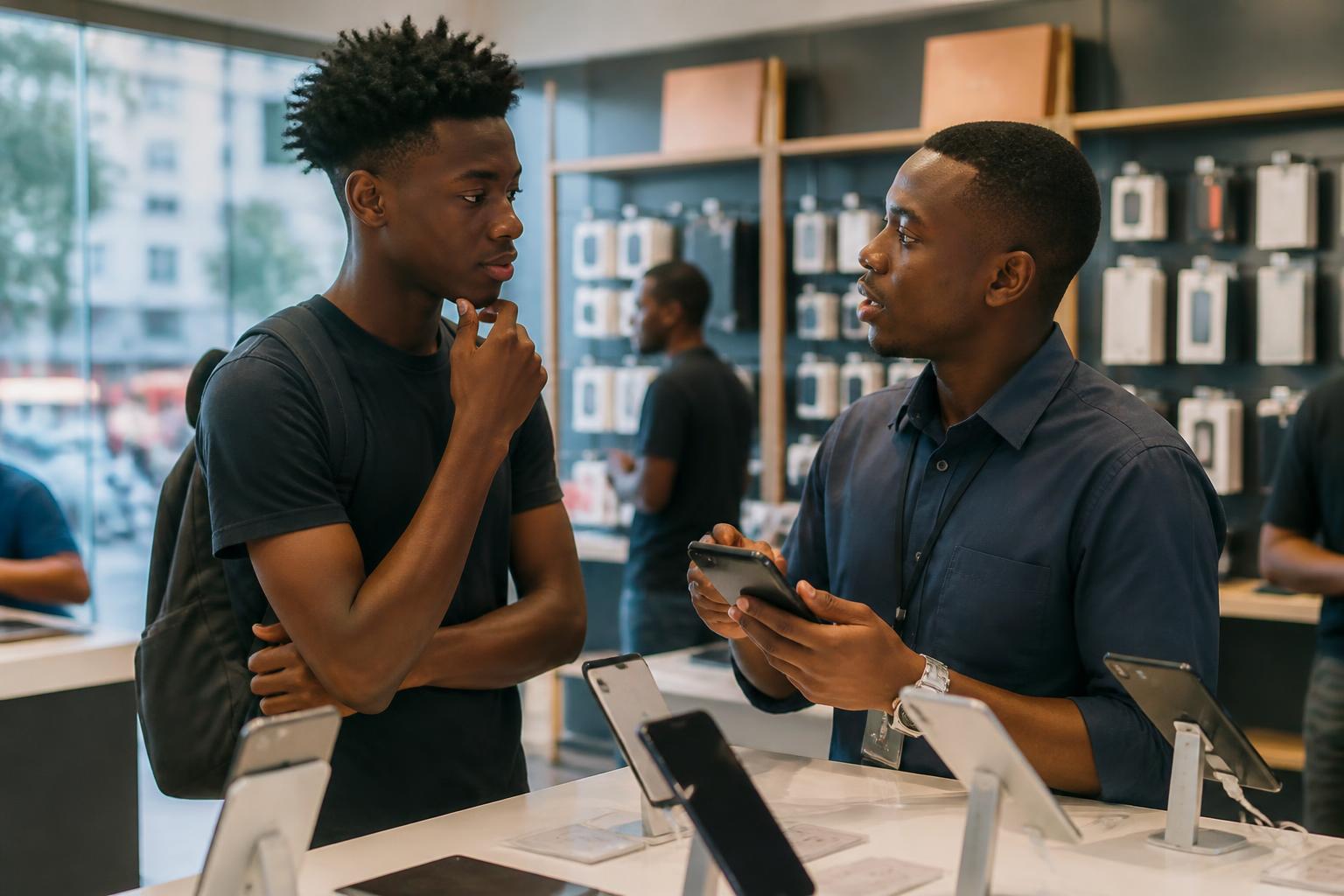 A staff member helping a customer in a modern African technology store
